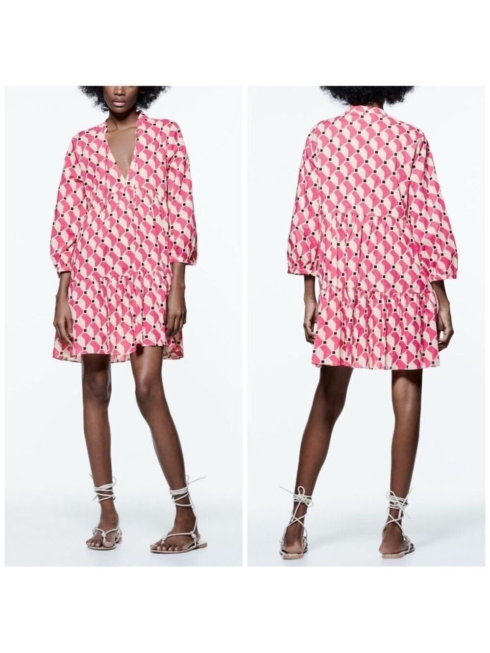Zara The Mini Cadie Tiered Geometric Cotton Long Sleeve Mini Dress 2183/048